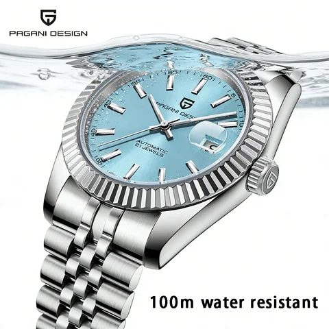 PAGANI DESIGN 42MM Top Brand Sky blue dial Men Mechanical Automatic Watch Stainless Steel Luxury Sapphire 100m Waterproof Watches for men Reloj Hombre