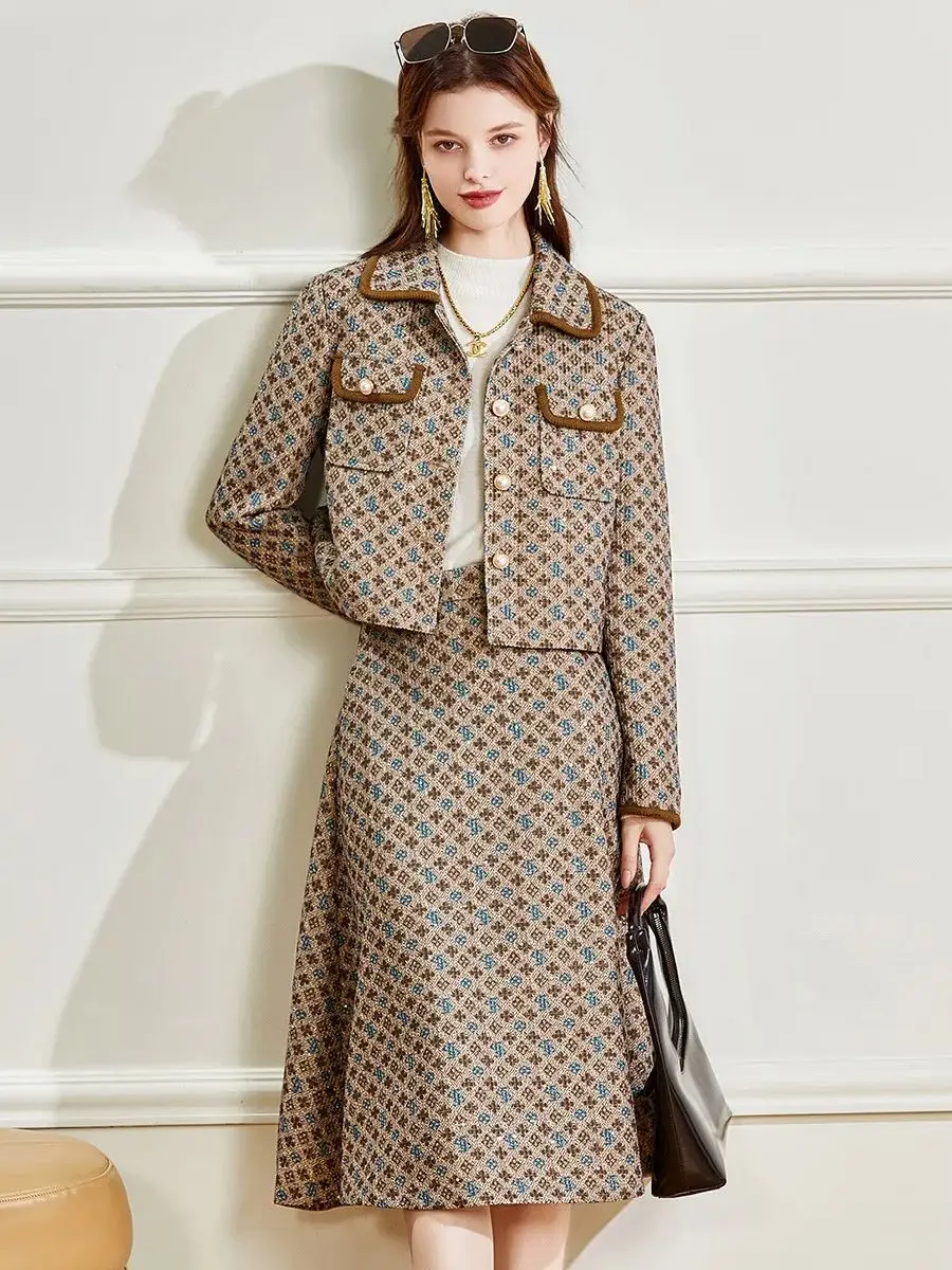 LOUIS YAO Women Dress Set Retro Pattern Two Piece Set 2024 New Coat and Skirt Set A-LINE Skirt Elegant Women\'s Commuter Set