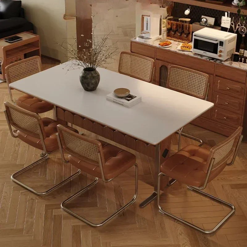 French retro rock slab dining table rectangular designer household medieval solid wood stainless steel foot Bauhaus dining table