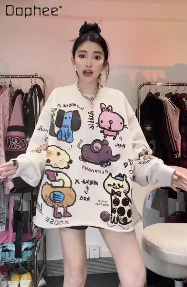 Pull à col rond pour femme, haut à manches longues, vêtements Kawaii, épissage, document PVD, dessin animé, printemps, automne