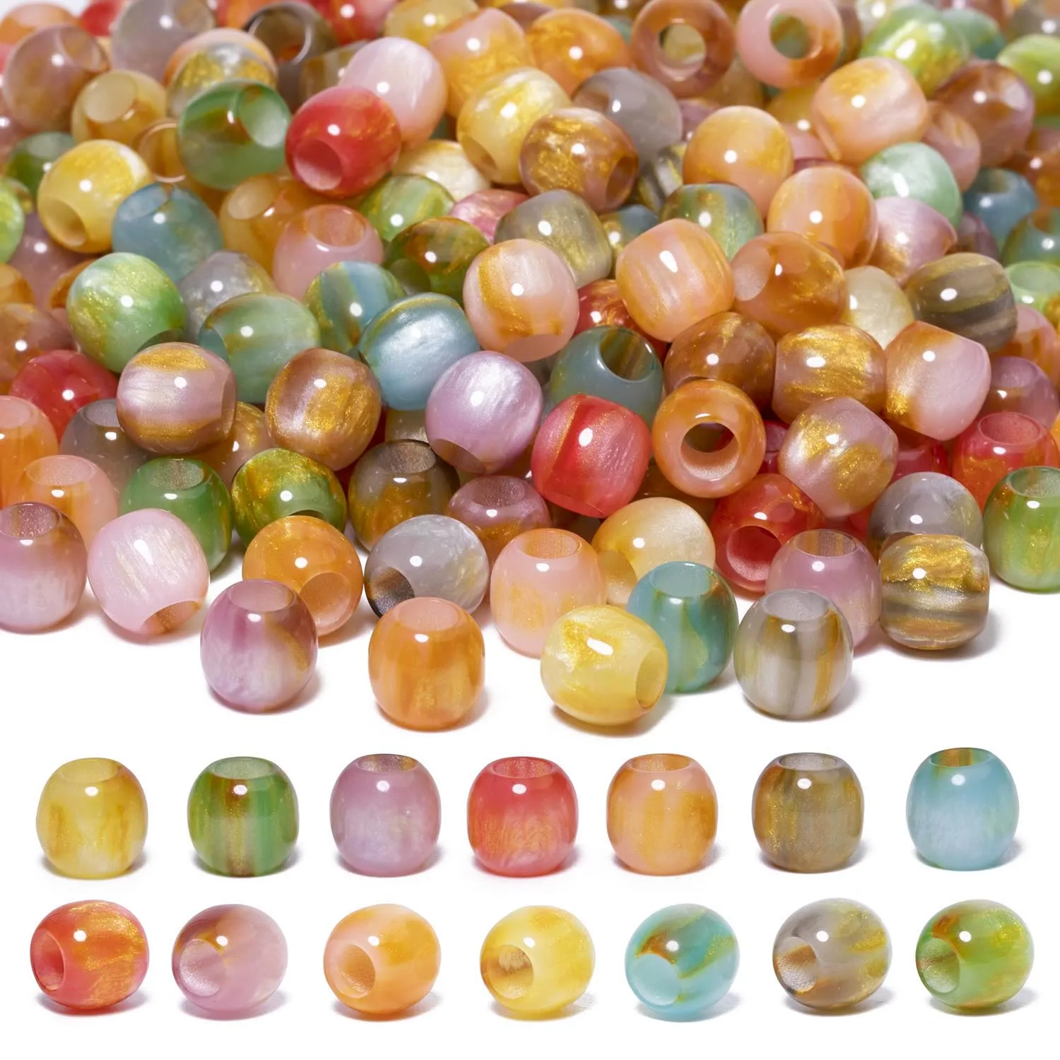 10mm Forest Color Scheme Resin Beads Golden Fine Flowing Light Big Hole Beads for Jewelry Making DIY Ethnic Clothing Decorations