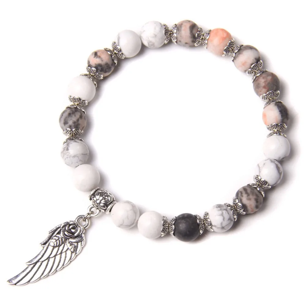 

8MM Beads Feather Angel Wings Charm Bracelet Multicolor Fashion Jewelry Natural Stone Bracelet Rose Quartz Bracelet Anniversary
