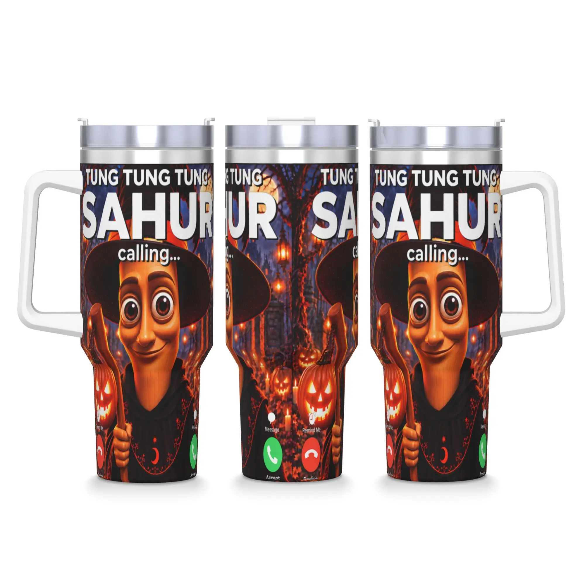 Tung Tung Tung Sahur Calling Halloween Funny Meme Brainrot Stainless Steel Tumbler  Beach Car Mugs 40oz Thermal Cups