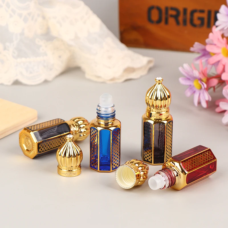 1Pc 6ml Essential Oil Roll-On Bottle Luxury Style Golden Refillable Travel Perfume Bottle Glass Roll-on Bottle Sample Container