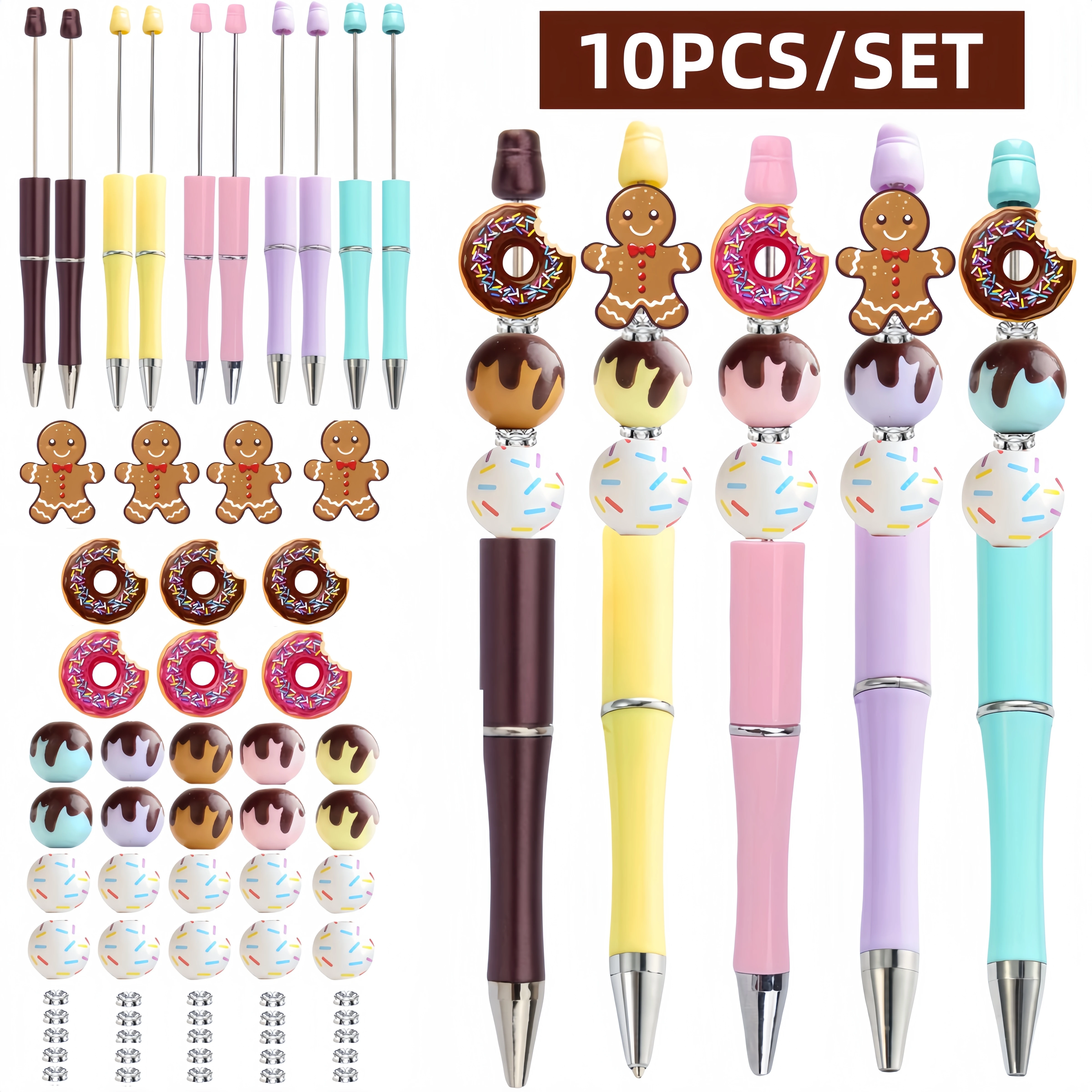 5PCS/10PCS Color Chocolate Rose Red Doughnuts Gingerbread Man Dessert Cake Theme DIY Wood Bead Set with Black Ink Ballpoint Pen