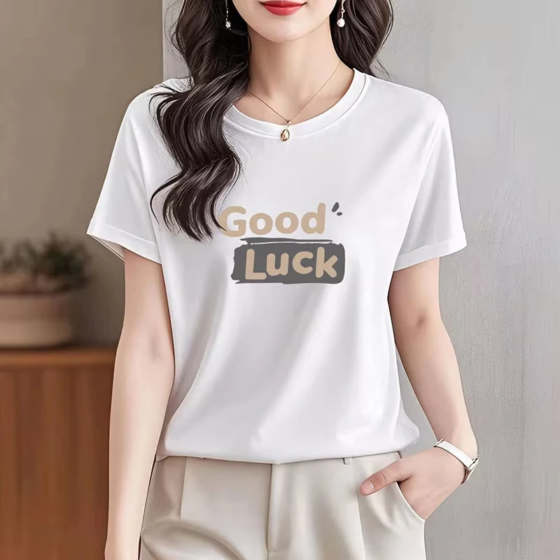 Summer New Fashion Letter Print Luck T-shirts Women Clothing Fashion Loose Short Sleeve Top Tee All-match Pullovers Y2k Top