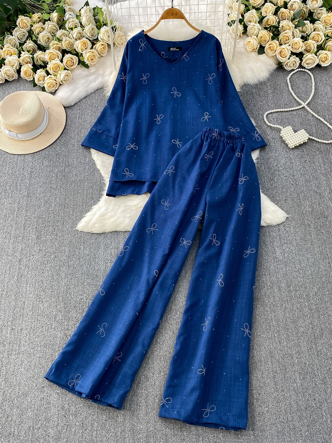 Slimming Effect Heavy Embellished Loose Mid-Length round Neck Two-Piece Set with Wide Leg Pants Elegant Feel Fashionable Ense...