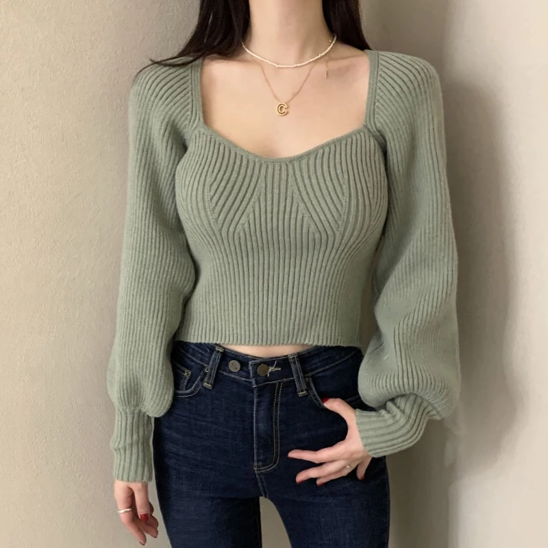 

Sweet Women Clothing Fashion Lantern Sleeve Square Neck Sweaters Winter Solid Pullovers Knitwear Sweater Slim Cropped Tops 23785