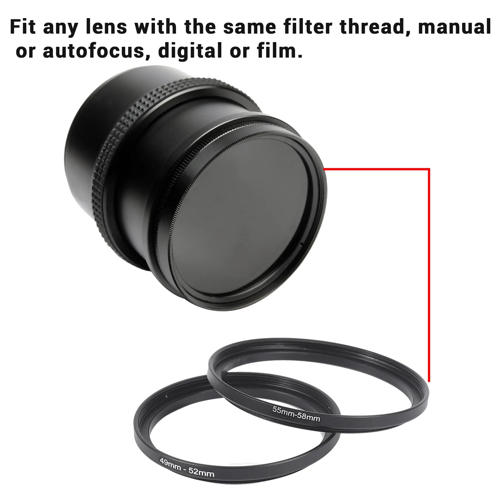 AA08-8 Pieces Step-Up Adapter Ring Set,Includes 49-52Mm, 52-55Mm, 55-58Mm, 58-62Mm, 62-67Mm, 67-72Mm, 72-77Mm, 77-82Mm-Black