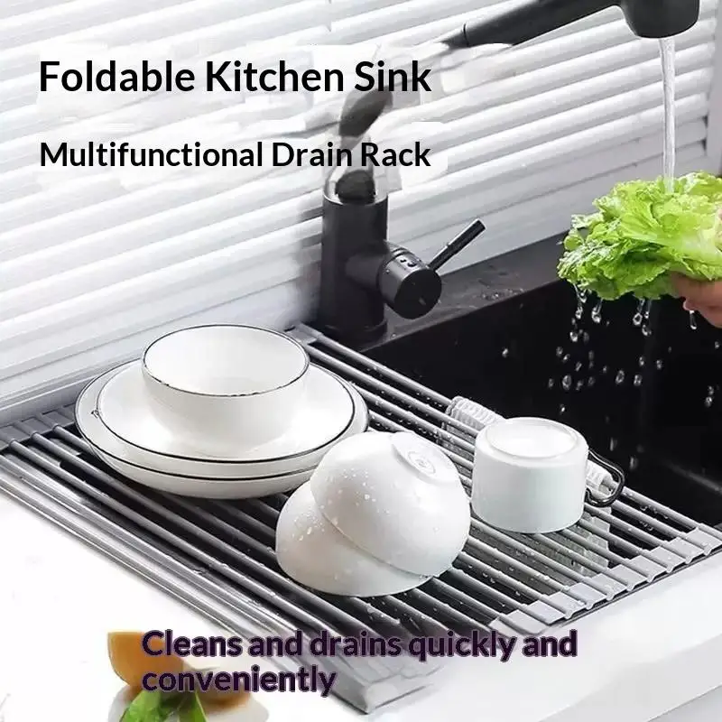 Roll-Up Sink Dish Drying Rack, Foldable Stainless Steel Over-Sink Drain Basket and Heat-Resistant Mat