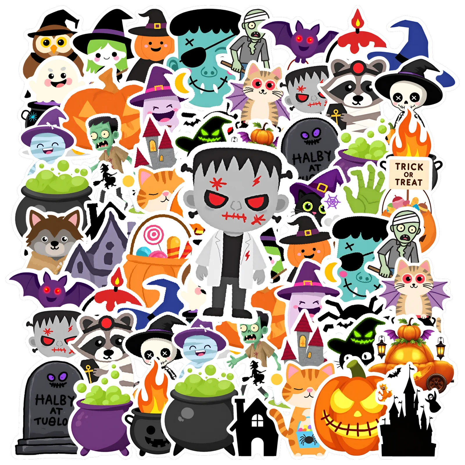 35pcs-50pcs Cartoon Monsters Stickers Whimsical Halloween Zombie Stickers Witch Stickers For DIY Phone Guitar Laptop Notebook