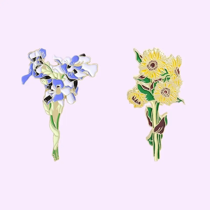 Wholesale Flower Plant Bouquet Sunflower Pansy Enamel Brooch Exquisite Small Green Badges Lapel Backpack Jewelry Gift for Friend