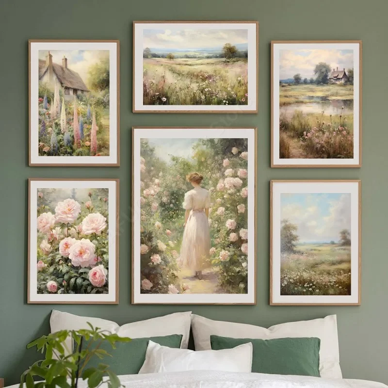 (Pintura en lienzo 2D) Arte vintage del siglo XIX, pintura al óleo de paisaje del campo inglés, impresión en lienzo, cuadro botánico para pared
