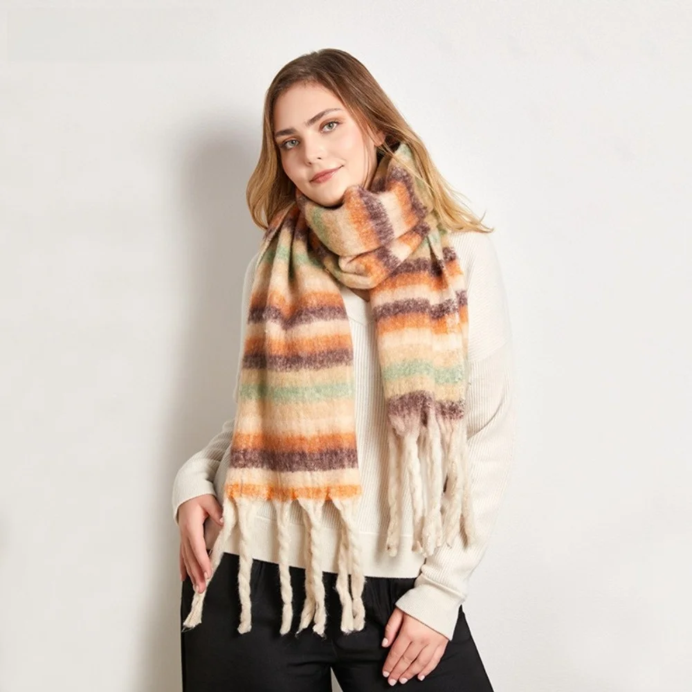 Comfortable Rainbow Stripe Wool Scarf Mohair Winter Cashmere Scarves Thicken Solid Color Long Shawl Men