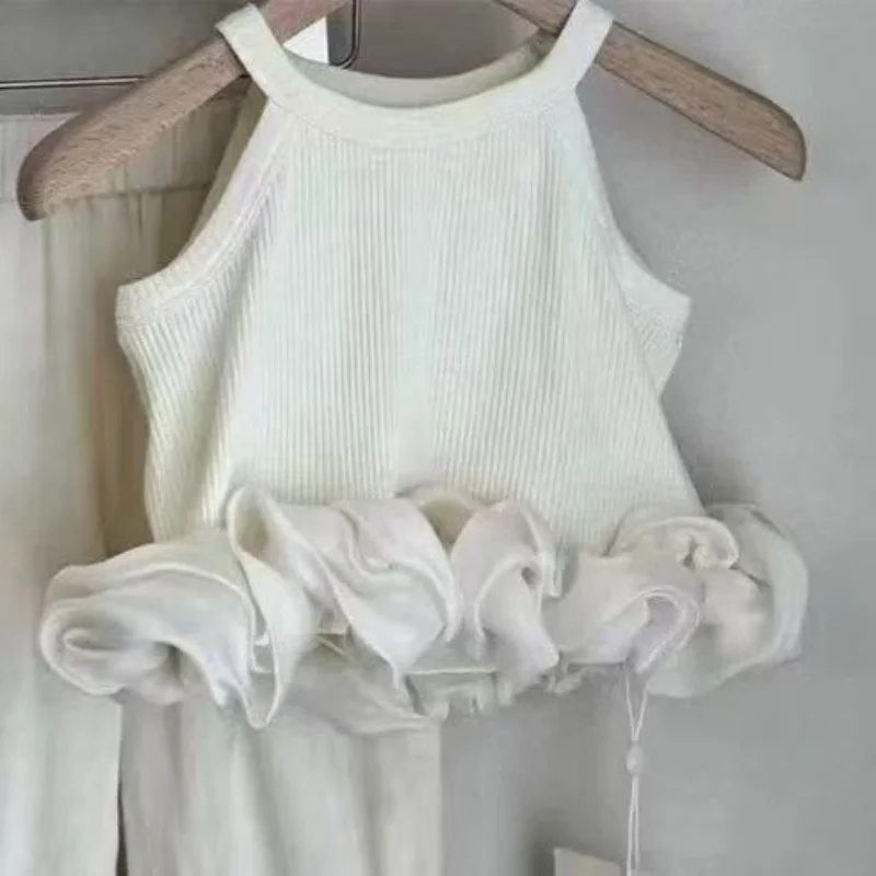 

Girls' Set 2025 Spring Summer New Style Cotton Solid Patchwork 3D Decoration Vest with Pants Fashion Casual Brief Korean