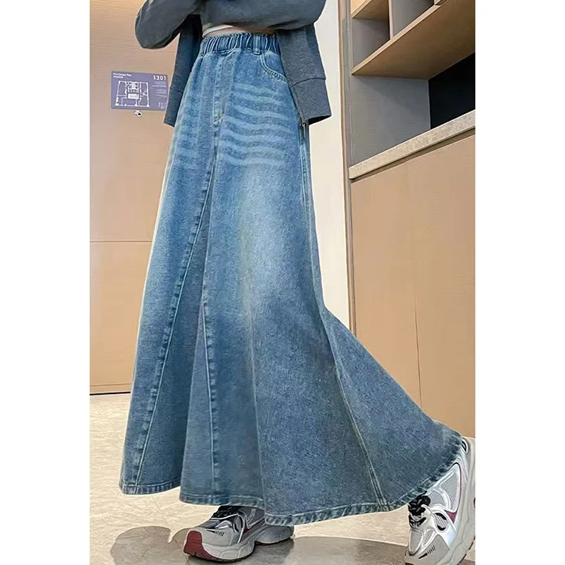 Women Skirt Korean Style High Waist Elastic Washed Denim Maxi Skirt A-Line Flared Long Jean Skirt Pockets Casual Y2K Streetwear view 6
