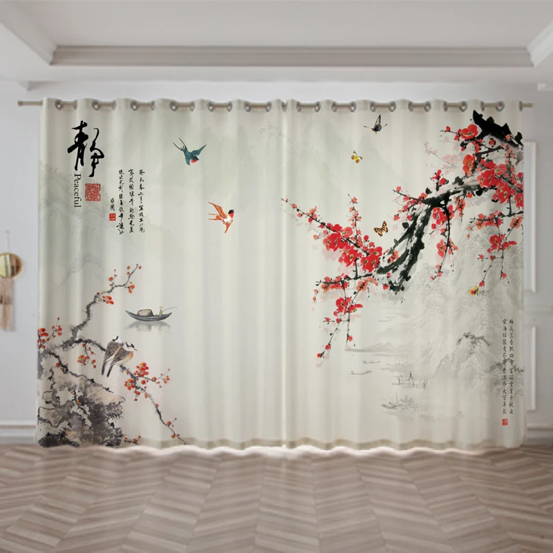 New Chinese Ancient Architecture Landscape Painting Curtain For Bedroom Living Room Floor Window cortinas Grommet Top 2panels