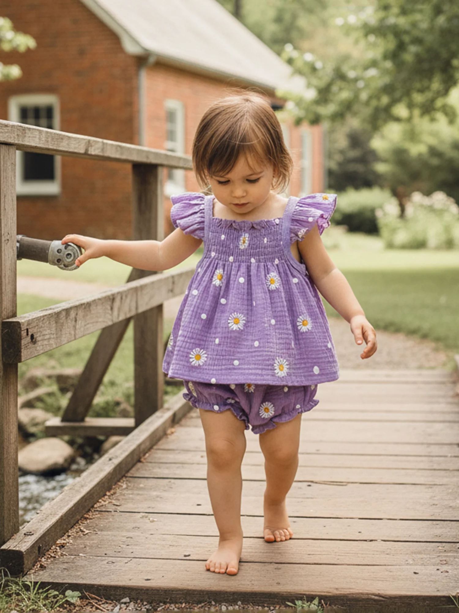 

Toddler Girl Floral Print Sleeveless Ruffle Top and Shorts Set for Summer Square Collar Daisy Outfit for Baby Girls