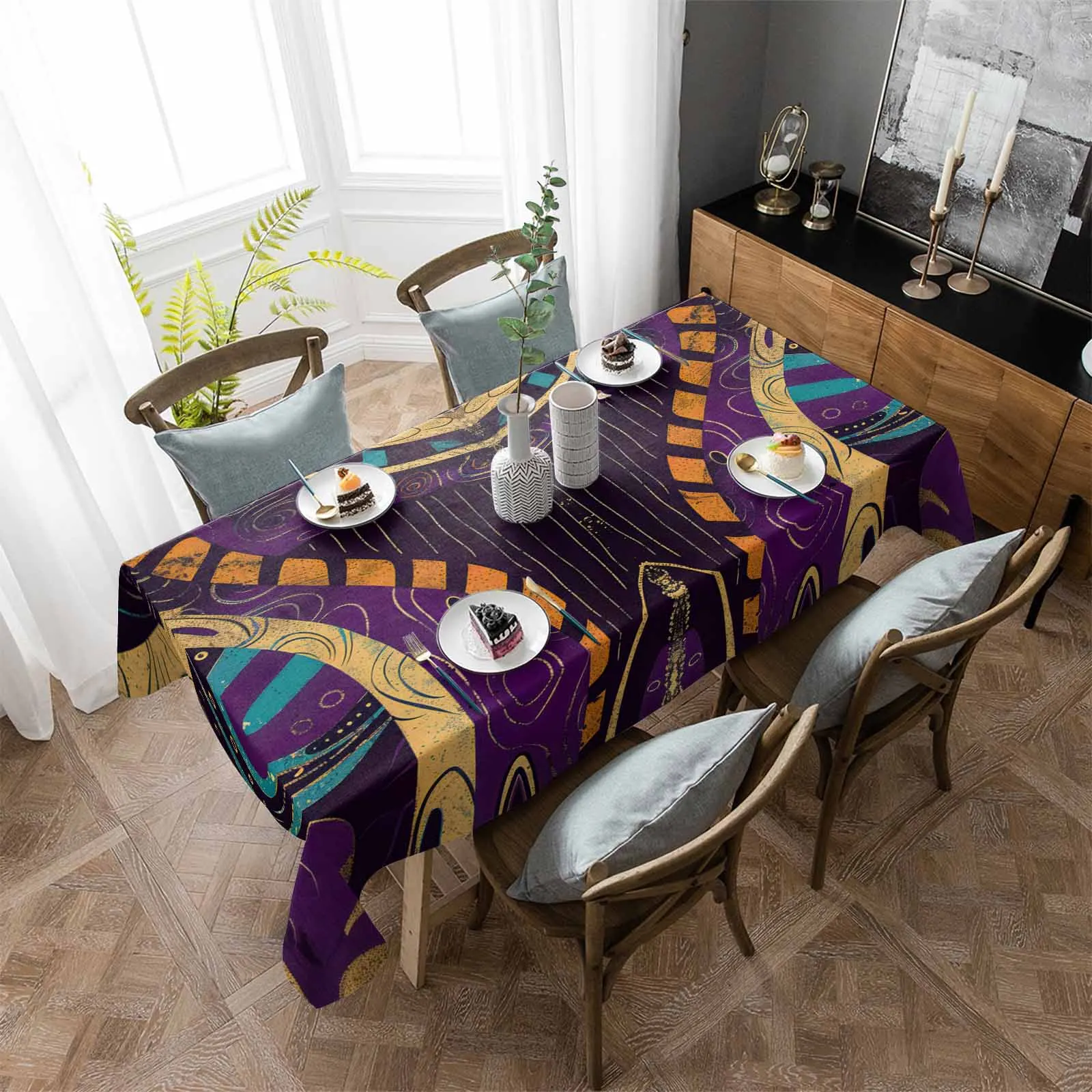 Line Wave Point Graffiti Tablecloth Waterproof Dining Table Rectangular Round Table Cover Home Kitchen Decoration