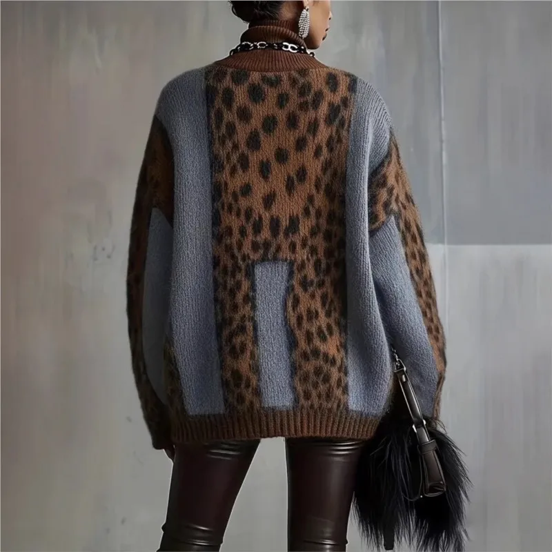 Otoño Invierno nueva ropa de mujer moda suéter de leopardo mujer cálido tejido tendencia jerseys señoras moda camiseta suelta