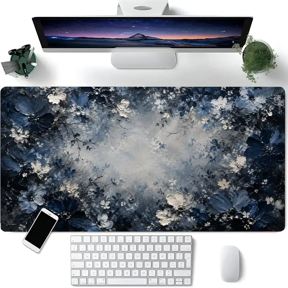 Dark Indigo 3D Relief Flower Grunge Background Elegant Floral Frame Large Gaming Mouse Pad Wear Resistant Computer Desk Pad