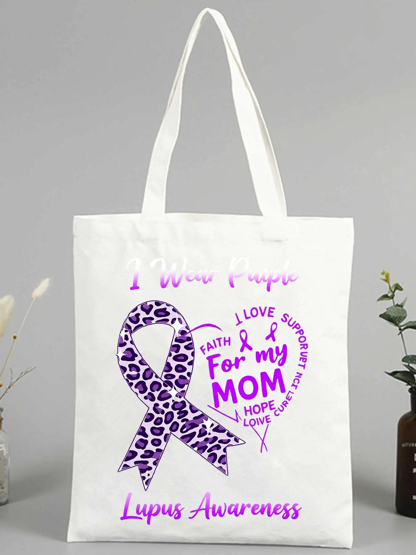 purple ribbon with leopard print canvas tote bag, casual style for daily shopping and awareness events