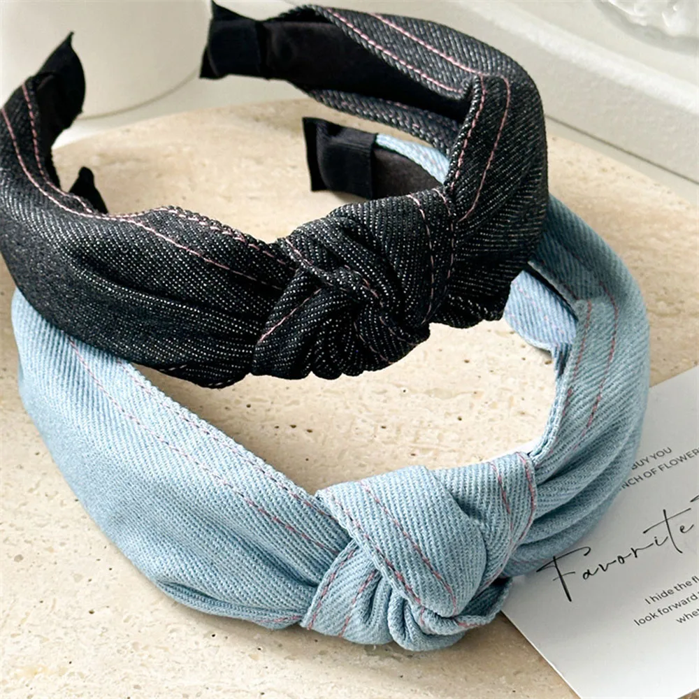 

Retro Denim Blue Black Headband Head Hoop Women Classic Center Knot Hairband Casual Headwear Turban Hair Hoop Hair Accessories