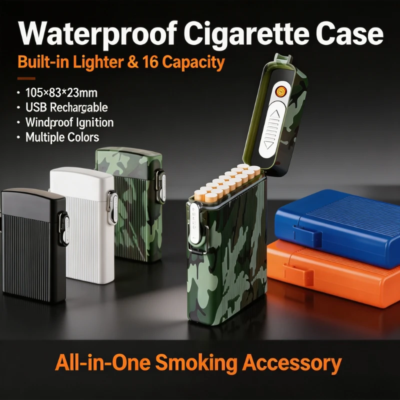2-in-1 Waterproof Cigarette Case with USB Rechargeable Tungsten Lighter - Sealed Windproof Smoking Accessory for Outdoor Camping