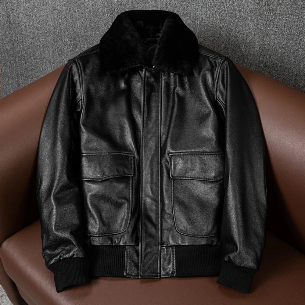 

Autumn and Winter New Top Layer Cowhide Coat Men Genuine Leather Pilot Jacket with detachable fur Collar Large Size Corium Coat