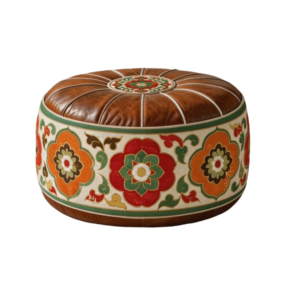 Boho Pattern Ottoman Pouf Fillable Design Large Opening Footstool Cover PU Leather Water Resistant Round Pouf Cover Home Use