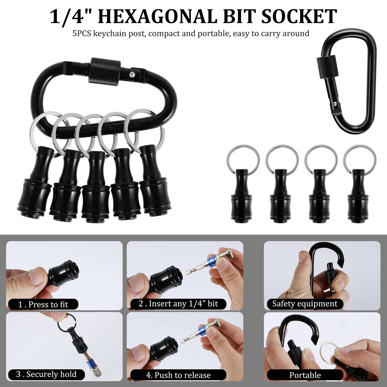 Upgrade Screwdriver Bit Holder With Black Carabiner 1/4 inch Hex Shank uick-change Extension Bar Keychain Drill Screw Adapter