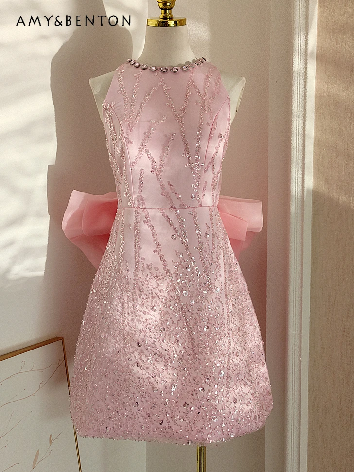 

French Socialite Heavy Industry Diamond Beaded Sequins Stitching Three-Dimensional Bow Dress High-Grade Temperament A-line Dress