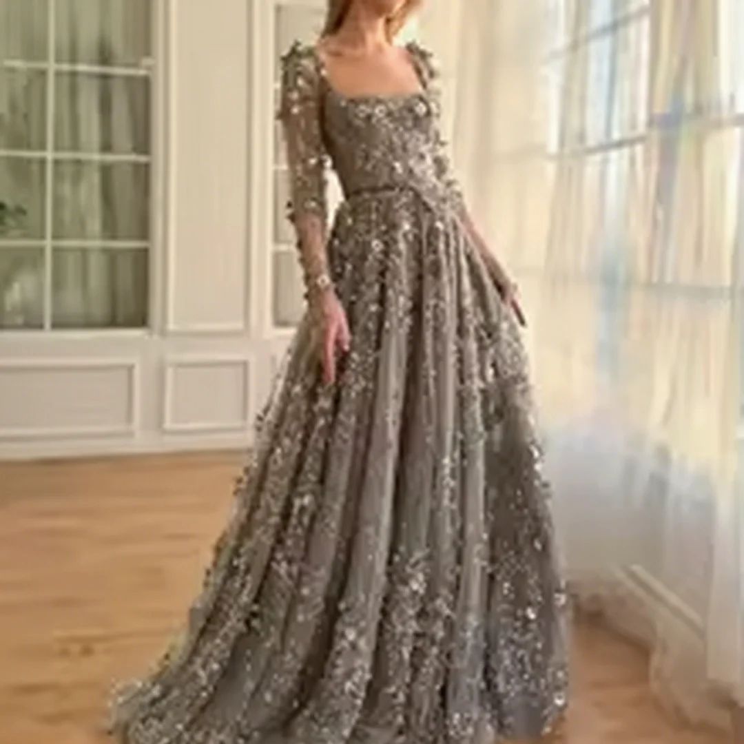 

Customized exquisite long-sleeved lace A-line floor-length dress formal evening dresses birthday party prom gowns