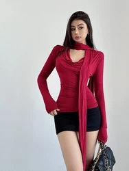 Spicy Girl Ribbon Scarf Swinging Neck Top Women's Spring Tight Long Sleeved T-shirt Body Bottom T Shirt Tees Fashion 38PW