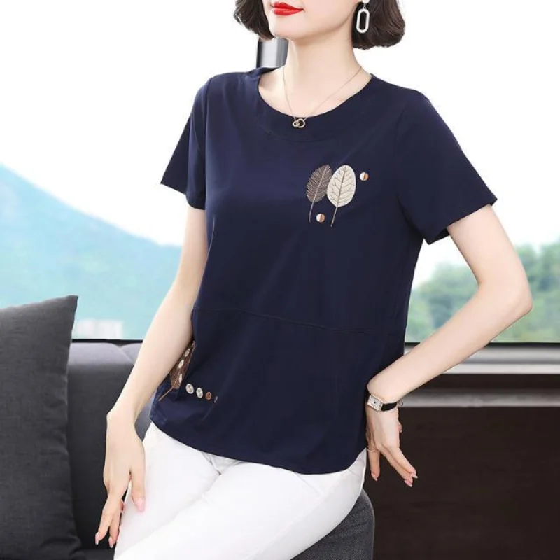 

New Spring and Summer Women's Splicing O-Neck Short Sleeves Loose Pullovers Embroidery Vintage Fashion Casual All Match Tops