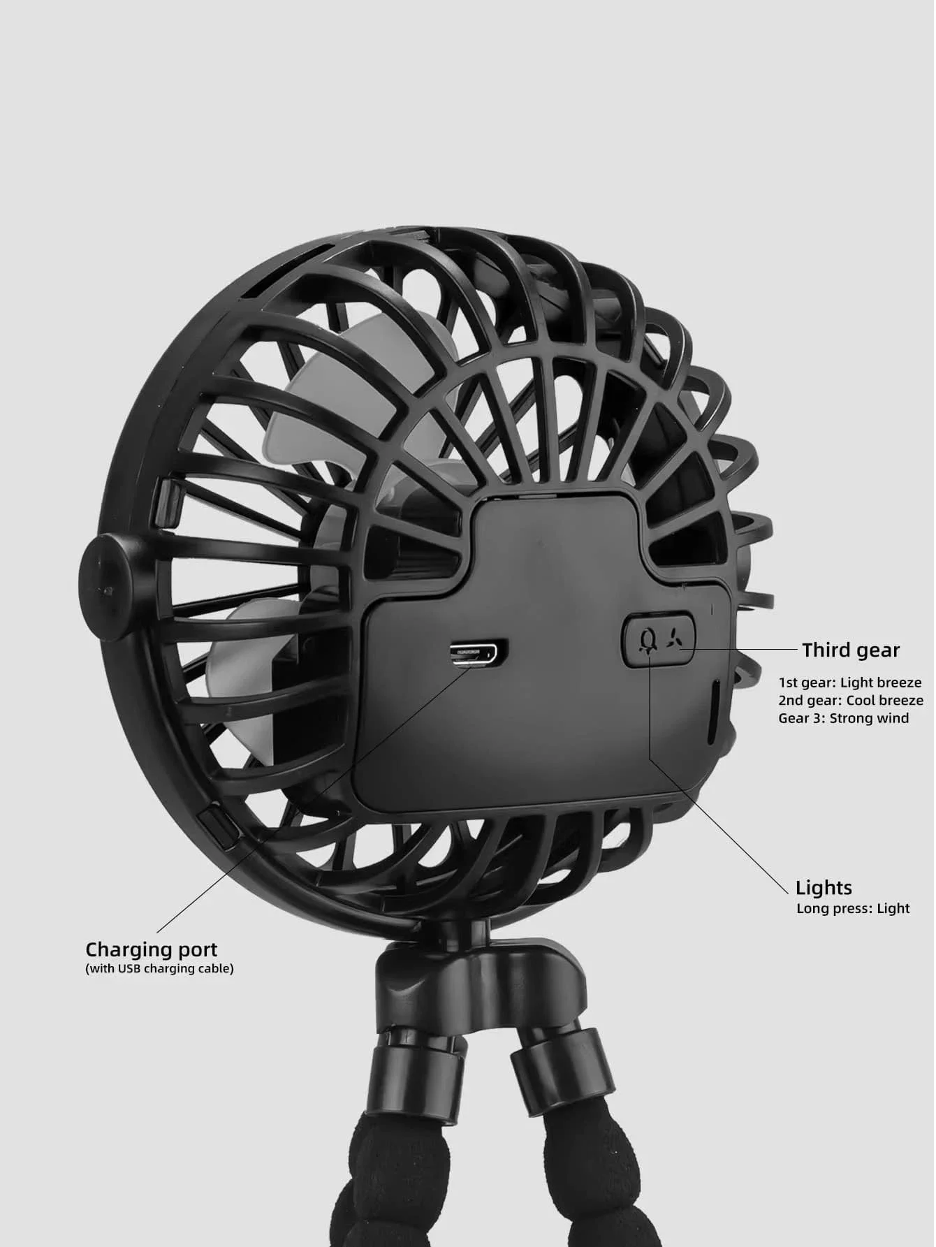 3가지 속도 수준의 USB 충전식 휴대용 문어 팬 - 유모차, 휴대용, 책상, 실외 냉각에 적합 - 블레이드 없음