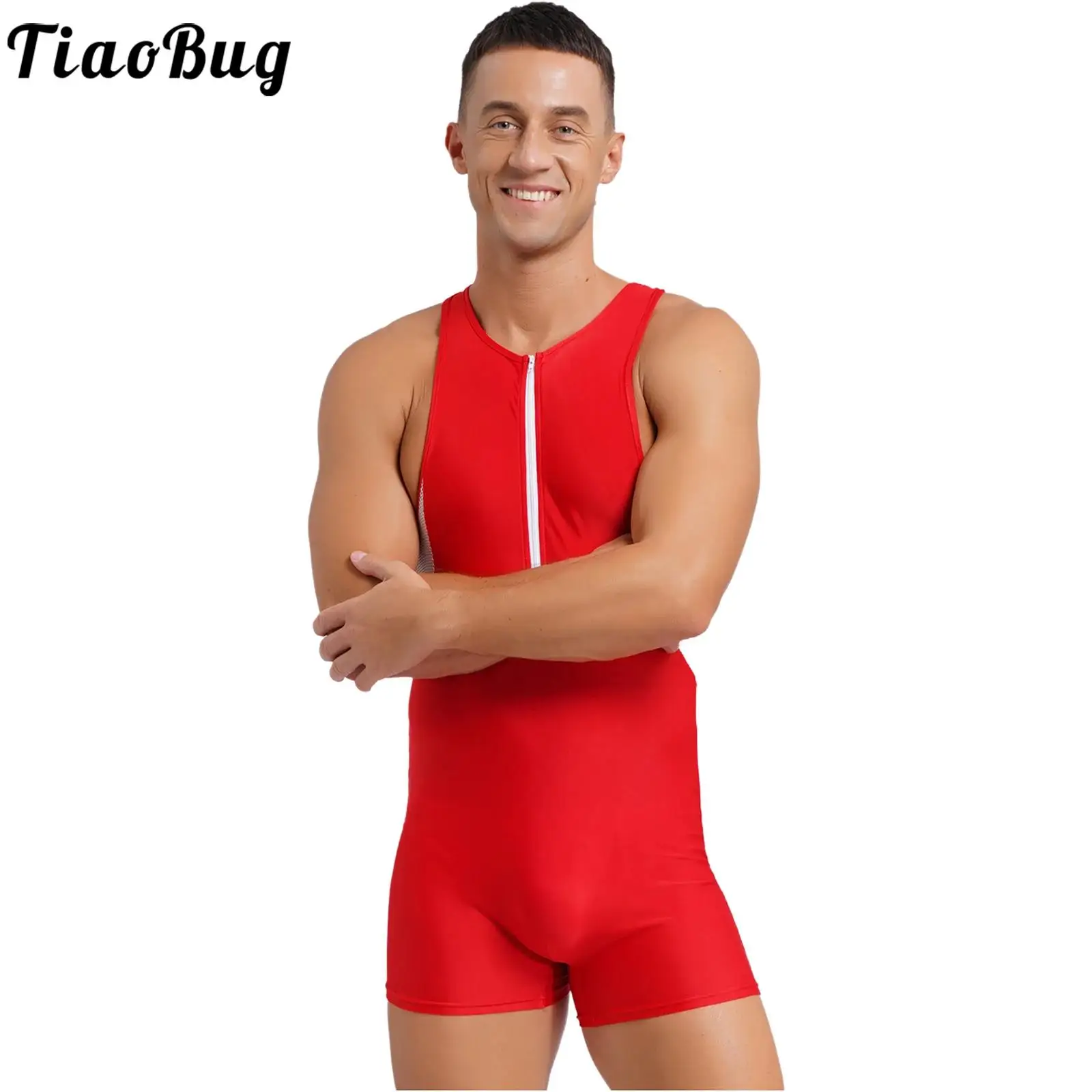 Men Sport Jumpsuit Front Zipper Hollow Out Mesh Patchwork Singlet Swimsuit Sleeveless Quick Drying Bodysuit for Swimming Workout