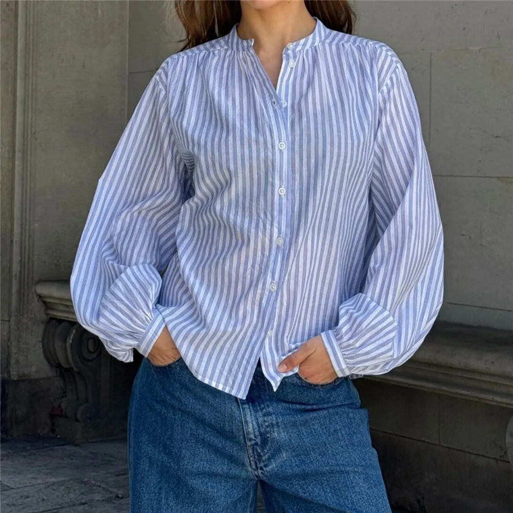 

Women’s Loose Fit Button Down Casual Shirts Fall Long Sleeve Solid Color/Stripes Print Tops Ladies Autumn Blouse for Dailywear