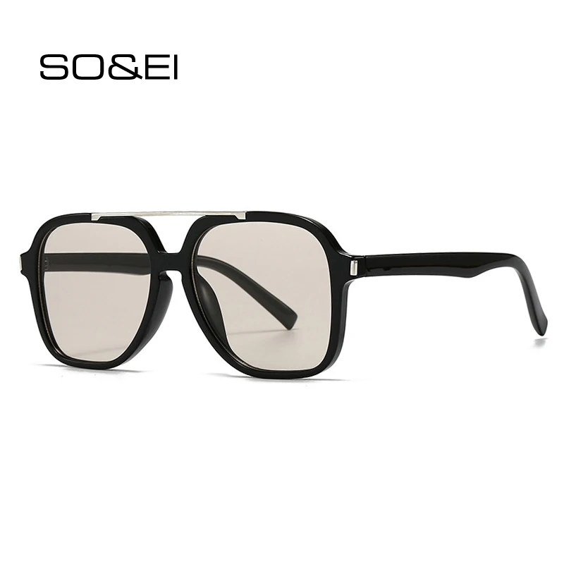 

SO&EI Fashion Oversized Square Double Bridges Sunglasses Women Shades UV400 Retro Rivets Men Dark Green Sun Glasses