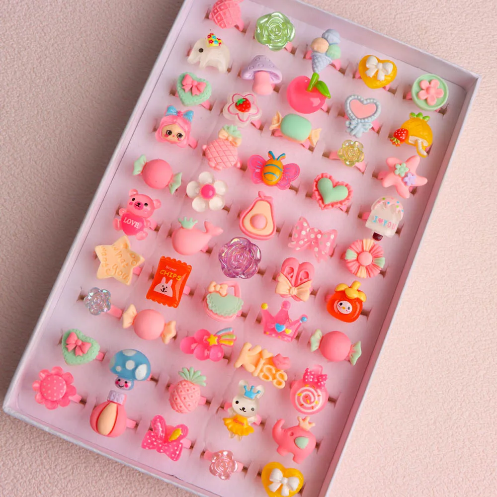 10/20/30/50/100Pcs/Lot Fashion Cartoon Sweet Cute Flower Fruit Shape Glitter Rings For Women Men Mix Style Finger Jewellery Gift