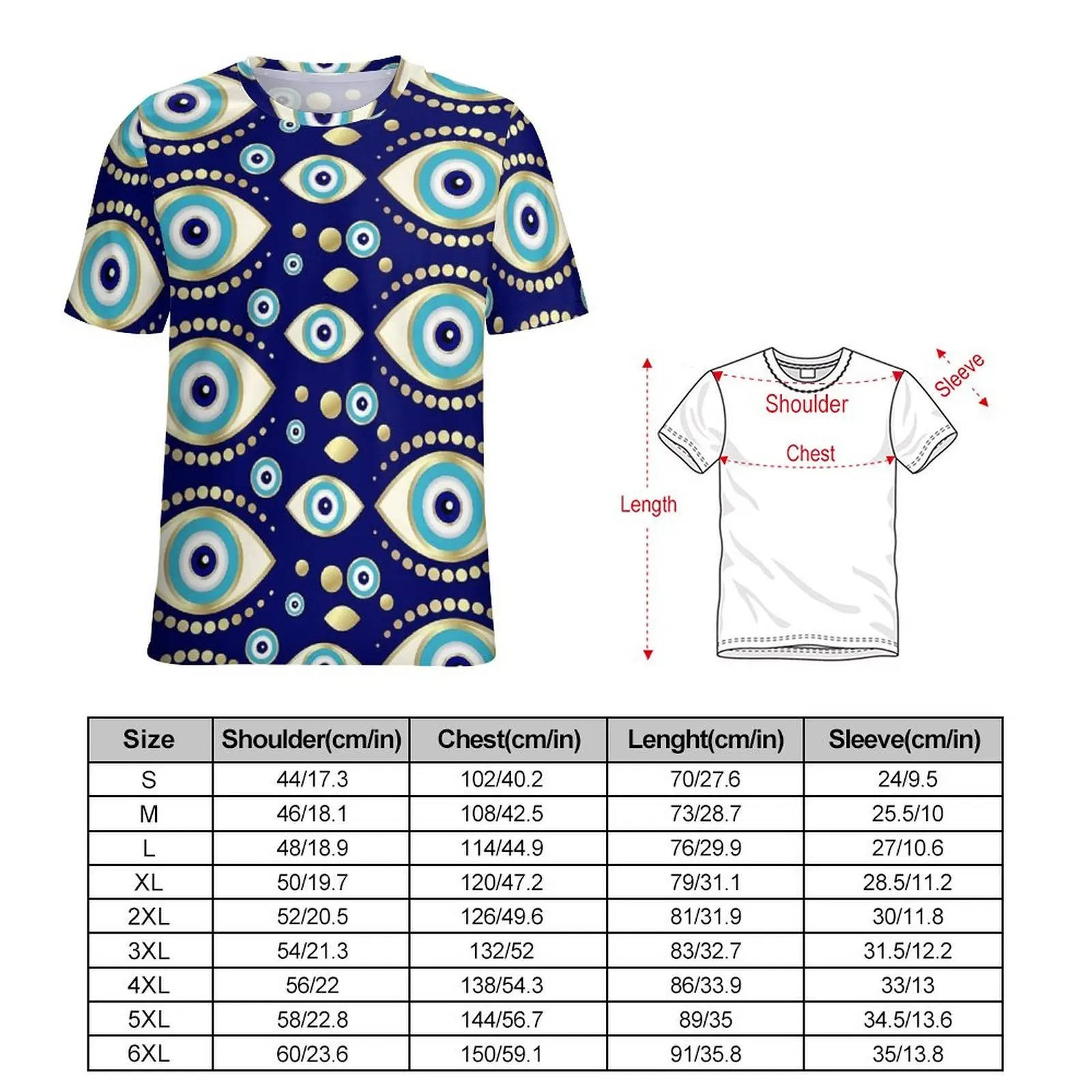 Evil Eye Charm T Shirt For Male Blue Eyes Print Custom O Neck T Shirts Premium Tops Short Sleeve Streetwear Oversized Tee Shirt