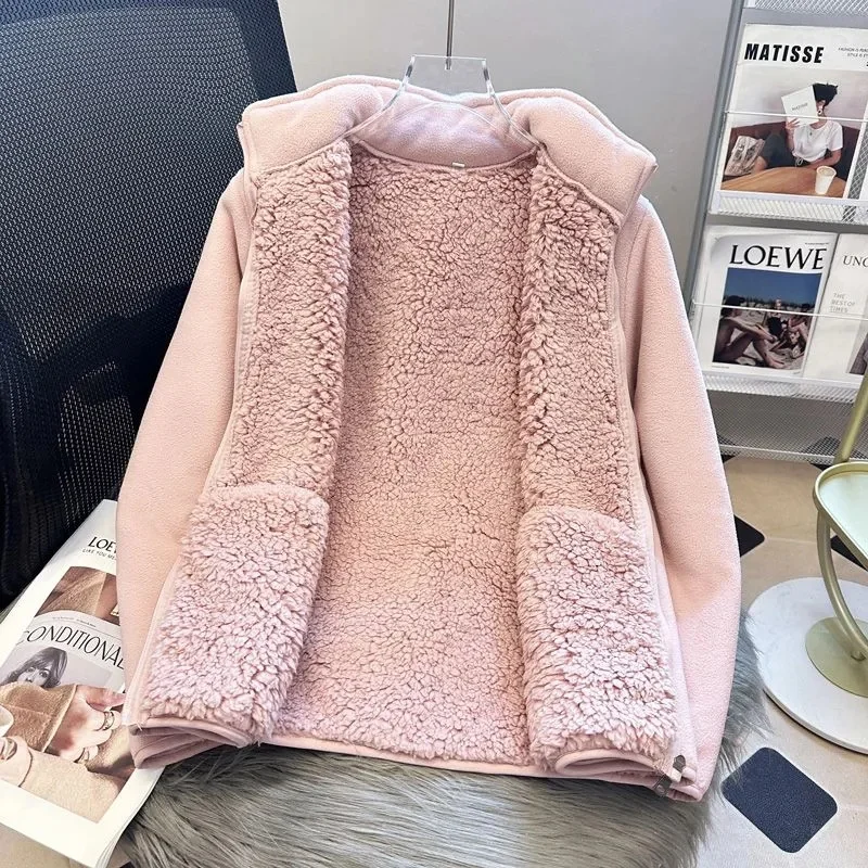 2025 Casual Polar Fleece Sweatshirt Women's Stand-up Collar Short Coat Autumn Winter Zipper-up Thicken Jacket Lady Warm Tops