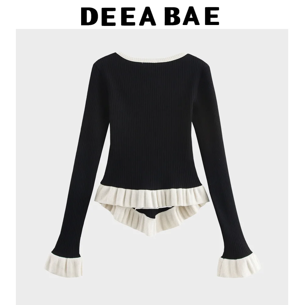 DEEABAE 韓国女性のファッション気質スリムフィットレイヤード装飾縦ストライプ V ネック長袖ニットプルオーバー