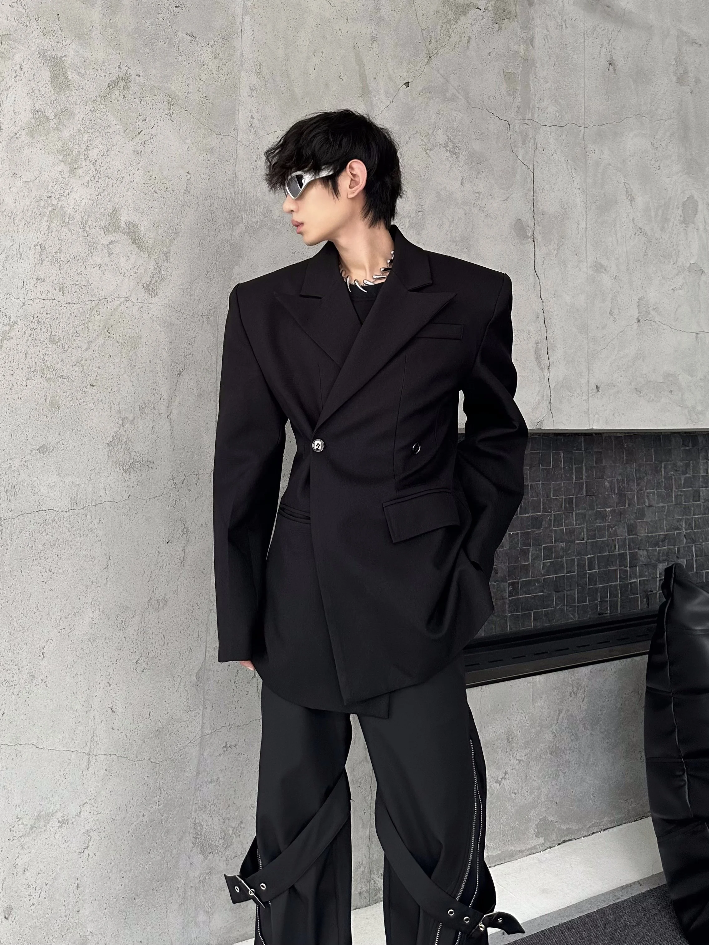 Slim Fit Pure Color Casual Single Button Shoulder Pad Suit Three Dimensional Silhouette Fashionable Men's Spring Autumn Jacket
