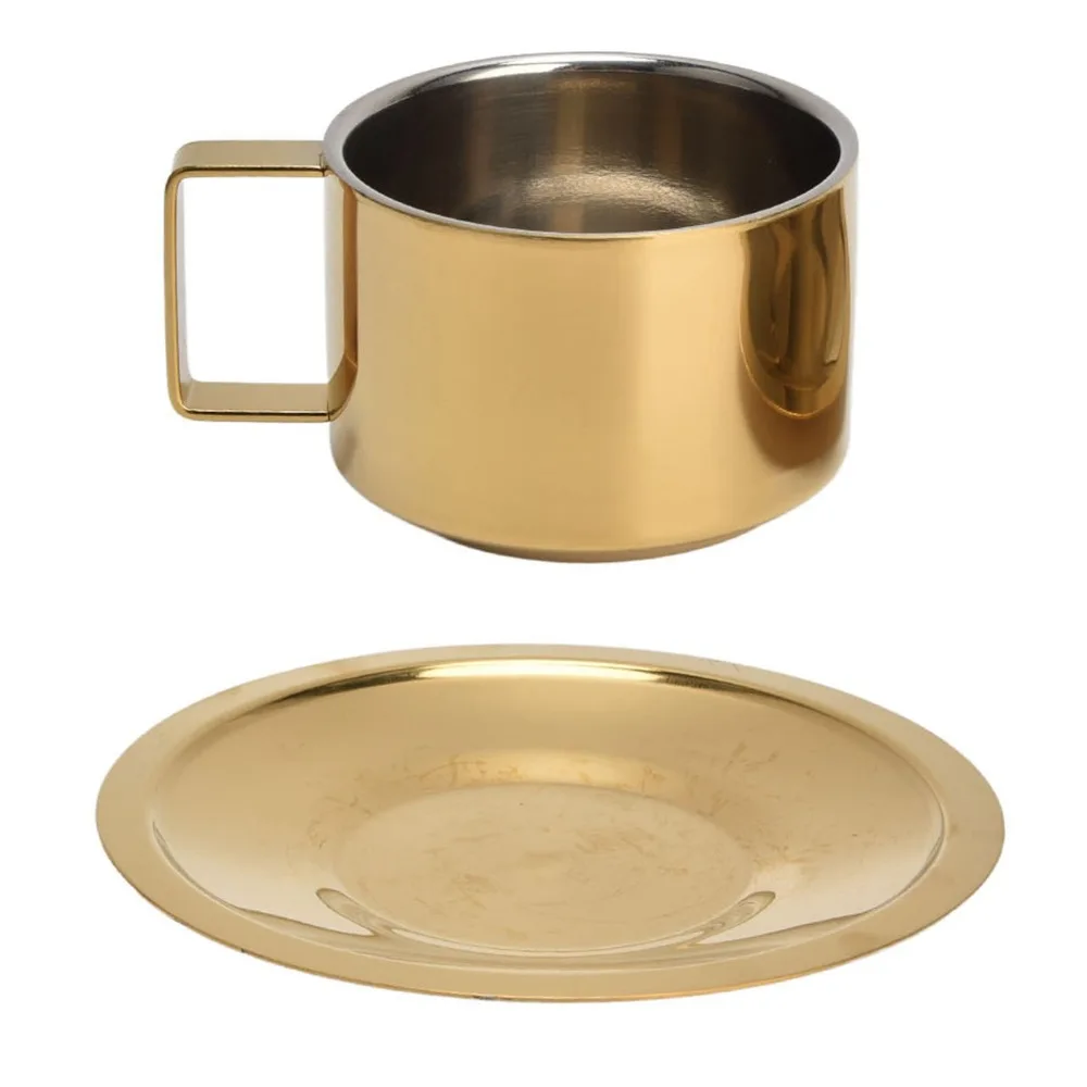 

Металлическая кофейная кружка из нержавеющей стали, золотистая, модный дизайн, для эспрессо, портативная, прочная, набор чашка с блюдцем, для любителей чая