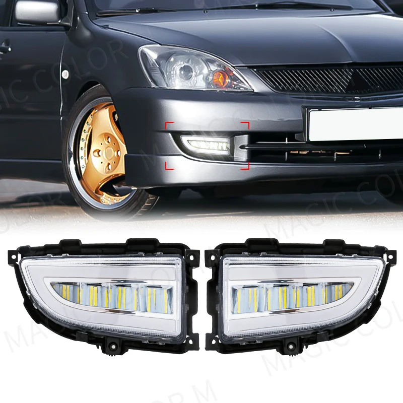 LED DRL Headlight，Mitsubishi Lancer 2004 2005 2006 Daytime Running Light White Yellow Turn Signal Front Bumper Fog Lamp 12V