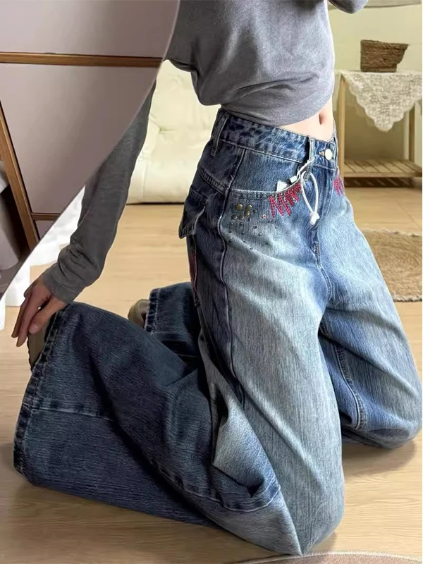 

Retro American Blue Embroidered Beaded Jeans Loose Straight Leg Heavy Waed Casual Sle for Men And Women Youth Faion
