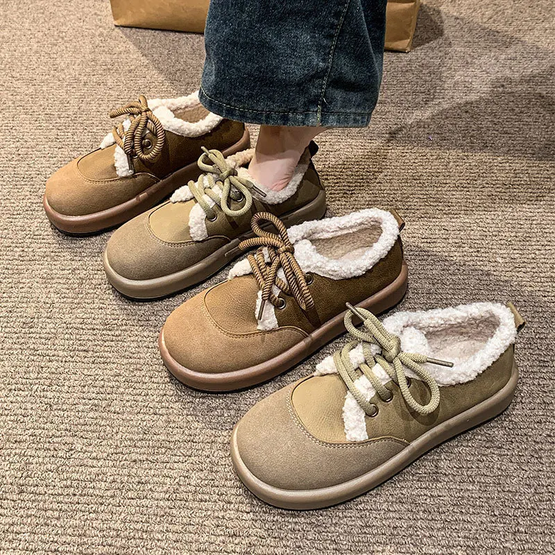 

【2025 AW】Maillard Shoes Women Faux Fur Lined Soft Sole Lace Up Comfort Shoes Retro Style Winter Warm Moccasins