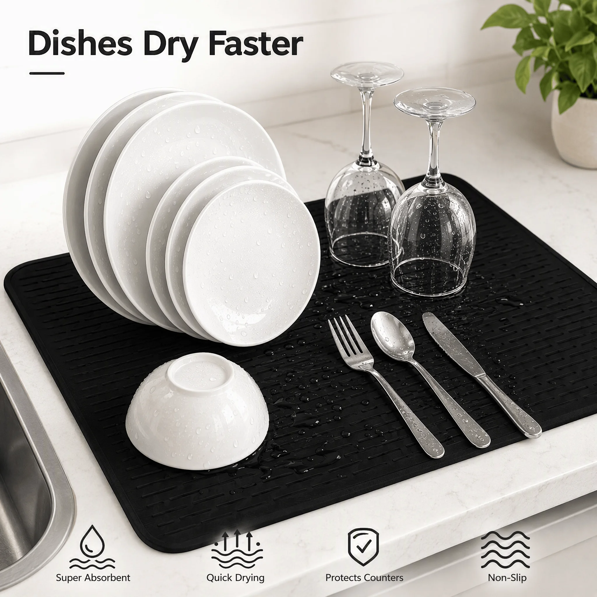 Silicone Dish Drying Mat, Non‑Slip Heat Resistant Quick Dry Drain Pad, Super Absorbent Kitchen Counter Protector Mat for Dishes Glasses Utensils