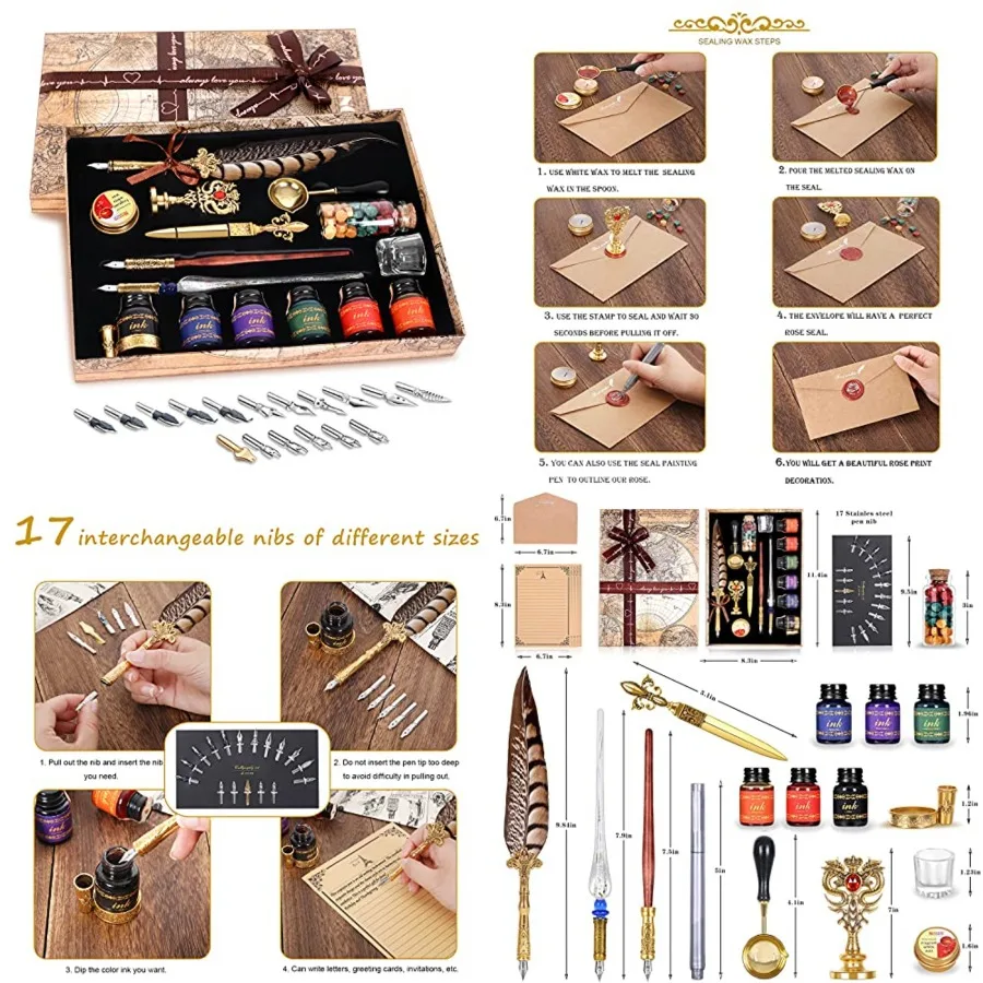 

Quill Pen Ink Set, iludes quill pen, wooden And glass dip pen, 6 bottles ink, 8 letter paper, 1 envelope, 17 Replaceable Nibs,